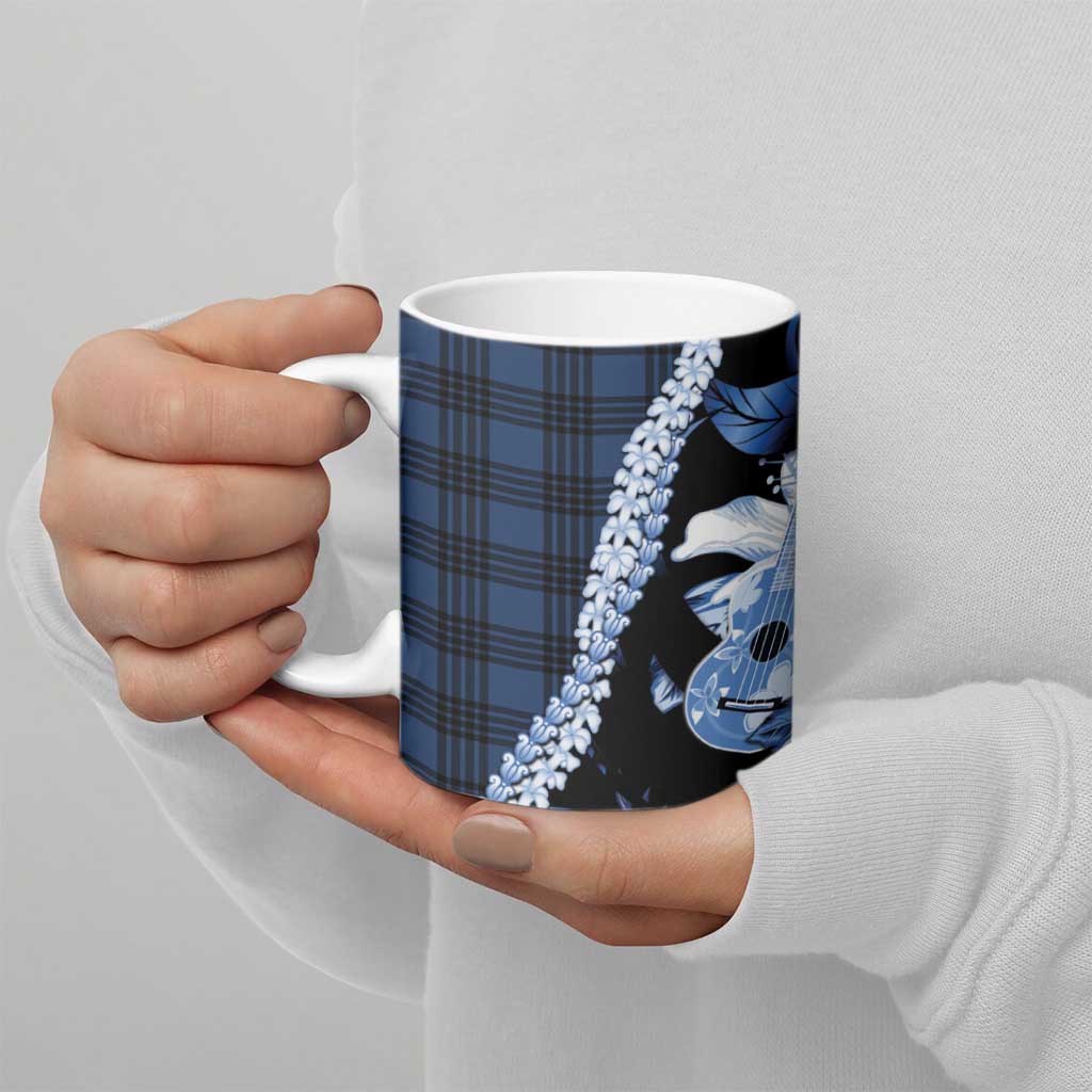 Hawaii Ukulele Ceramic Mug Tropical Flowers With Palaka Effect Blue Version - Polynesian Pride