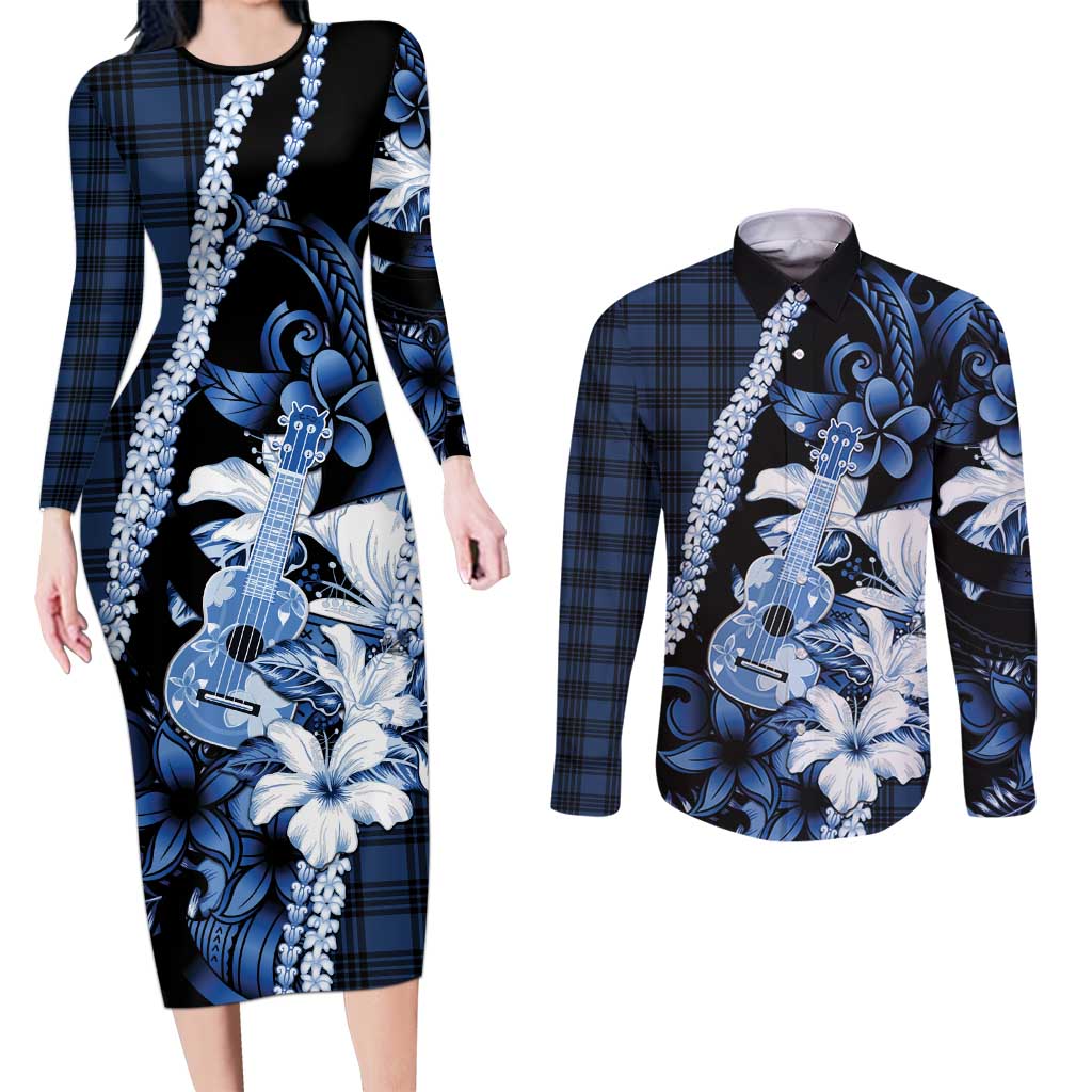 Hawaii Ukulele Couples Matching Long Sleeve Bodycon Dress and Long Sleeve Button Shirt Tropical Flowers With Palaka Effect Blue Version - Polynesian Pride