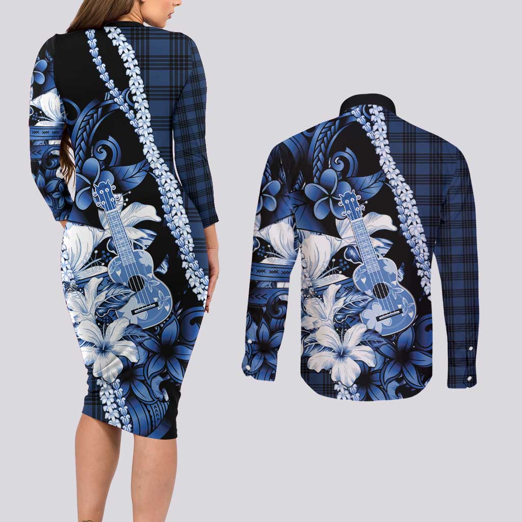 Hawaii Ukulele Couples Matching Long Sleeve Bodycon Dress and Long Sleeve Button Shirt Tropical Flowers With Palaka Effect Blue Version - Polynesian Pride