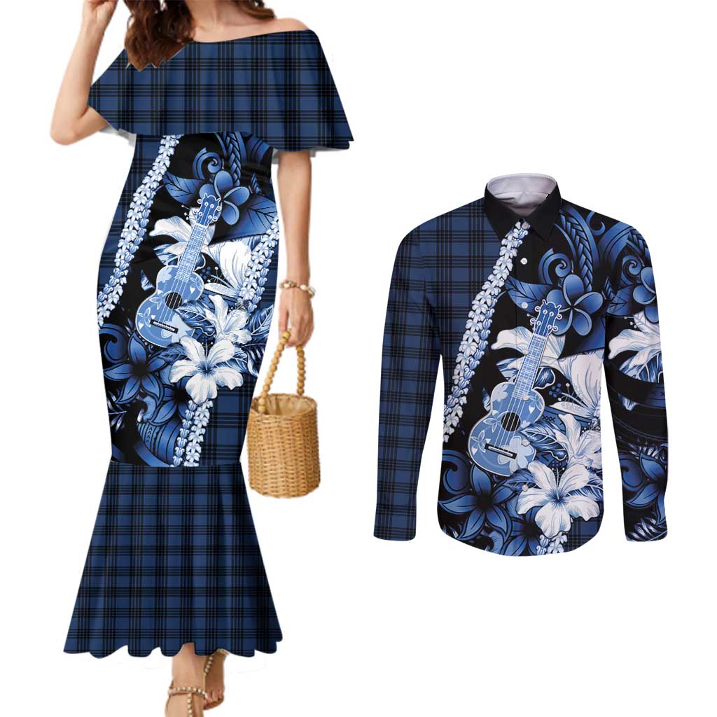 Hawaii Ukulele Couples Matching Mermaid Dress and Long Sleeve Button Shirt Tropical Flowers With Palaka Effect Blue Version LT05 Blue - Polynesian Pride