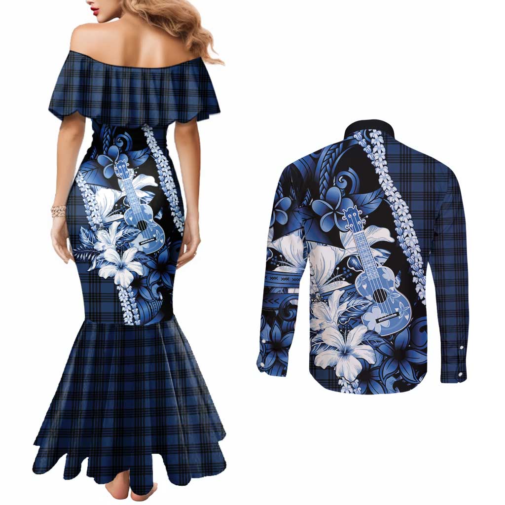 Hawaii Ukulele Couples Matching Mermaid Dress and Long Sleeve Button Shirt Tropical Flowers With Palaka Effect Blue Version - Polynesian Pride
