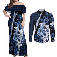 Hawaii Ukulele Couples Matching Off Shoulder Maxi Dress and Long Sleeve Button Shirt Tropical Flowers With Palaka Effect Blue Version - Polynesian Pride