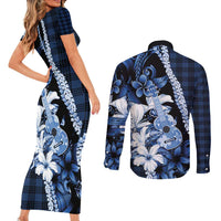 Hawaii Ukulele Couples Matching Short Sleeve Bodycon Dress and Long Sleeve Button Shirt Tropical Flowers With Palaka Effect Blue Version - Polynesian Pride