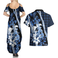 Hawaii Ukulele Couples Matching Summer Maxi Dress and Hawaiian Shirt Tropical Flowers With Palaka Effect Blue Version - Polynesian Pride