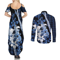 Hawaii Ukulele Couples Matching Summer Maxi Dress and Long Sleeve Button Shirt Tropical Flowers With Palaka Effect Blue Version - Polynesian Pride