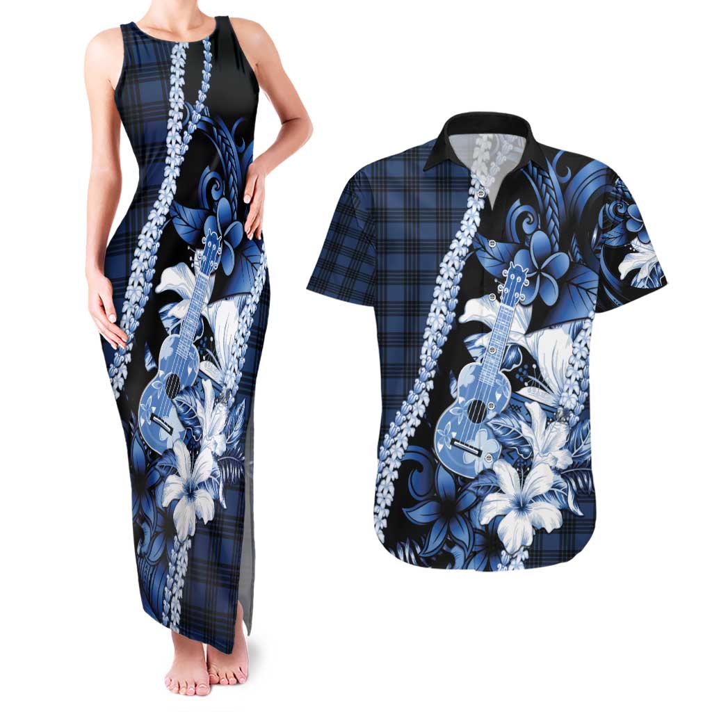 Hawaii Ukulele Couples Matching Tank Maxi Dress and Hawaiian Shirt Tropical Flowers With Palaka Effect Blue Version - Polynesian Pride