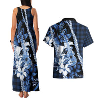 Hawaii Ukulele Couples Matching Tank Maxi Dress and Hawaiian Shirt Tropical Flowers With Palaka Effect Blue Version - Polynesian Pride