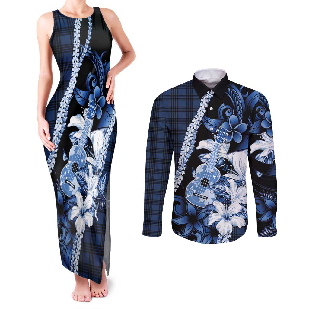 Hawaii Ukulele Couples Matching Tank Maxi Dress and Long Sleeve Button Shirt Tropical Flowers With Palaka Effect Blue Version LT05 Blue - Polynesian Pride