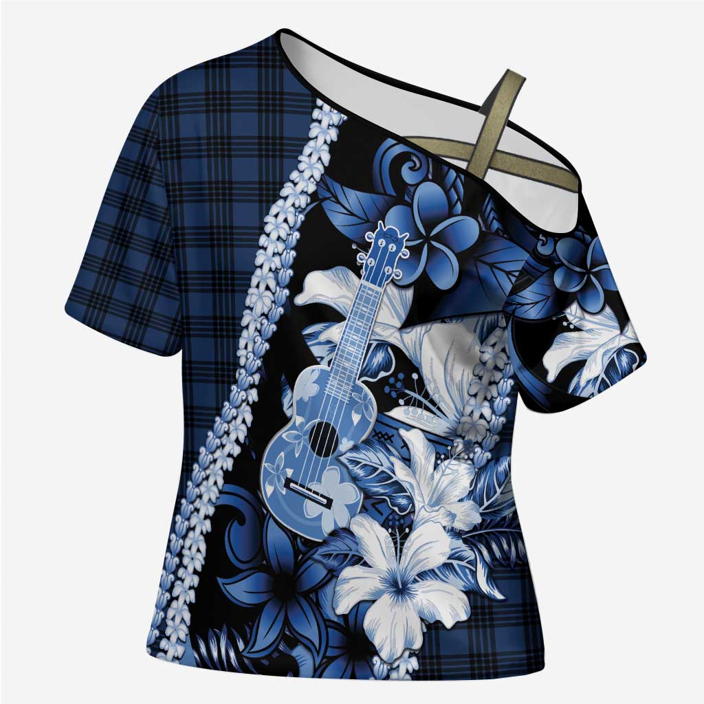 Hawaii Ukulele Cross Shoulder Shirt Tropical Flowers With Palaka Effect Blue Version - Polynesian Pride