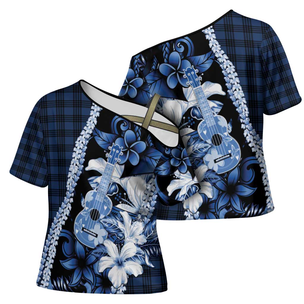 Hawaii Ukulele Cross Shoulder Shirt Tropical Flowers With Palaka Effect Blue Version - Polynesian Pride