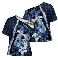 Hawaii Ukulele Cross Shoulder Shirt Tropical Flowers With Palaka Effect Blue Version - Polynesian Pride