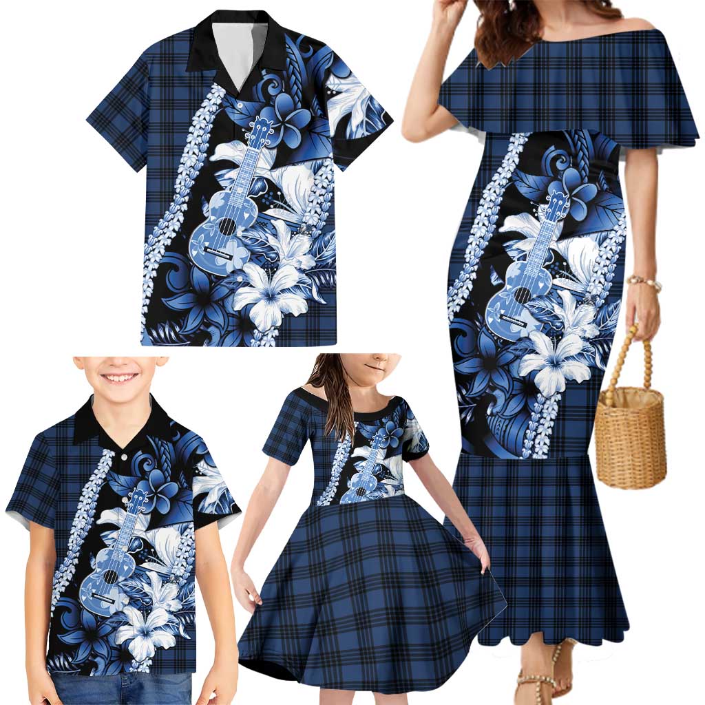 Hawaii Ukulele Family Matching Mermaid Dress and Hawaiian Shirt Tropical Flowers With Palaka Effect Blue Version LT05 - Polynesian Pride