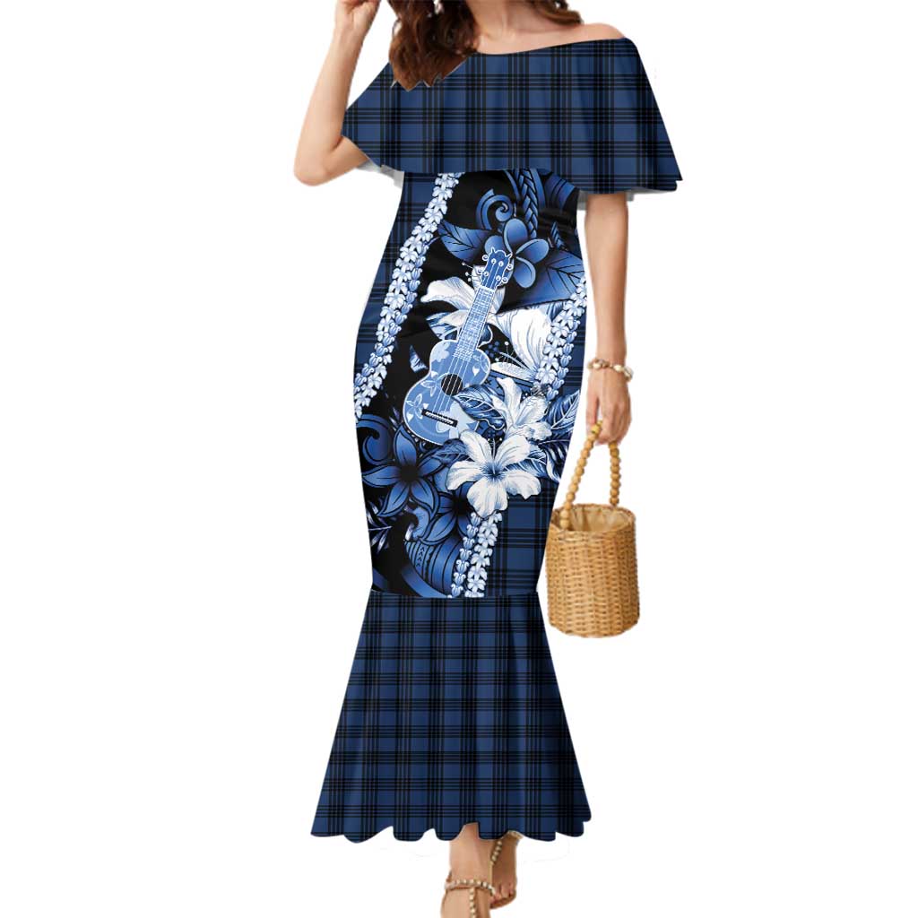Hawaii Ukulele Family Matching Mermaid Dress and Hawaiian Shirt Tropical Flowers With Palaka Effect Blue Version - Polynesian Pride