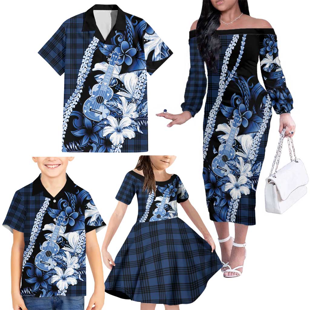 Hawaii Ukulele Family Matching Off The Shoulder Long Sleeve Dress and Hawaiian Shirt Tropical Flowers With Palaka Effect Blue Version LT05 - Polynesian Pride