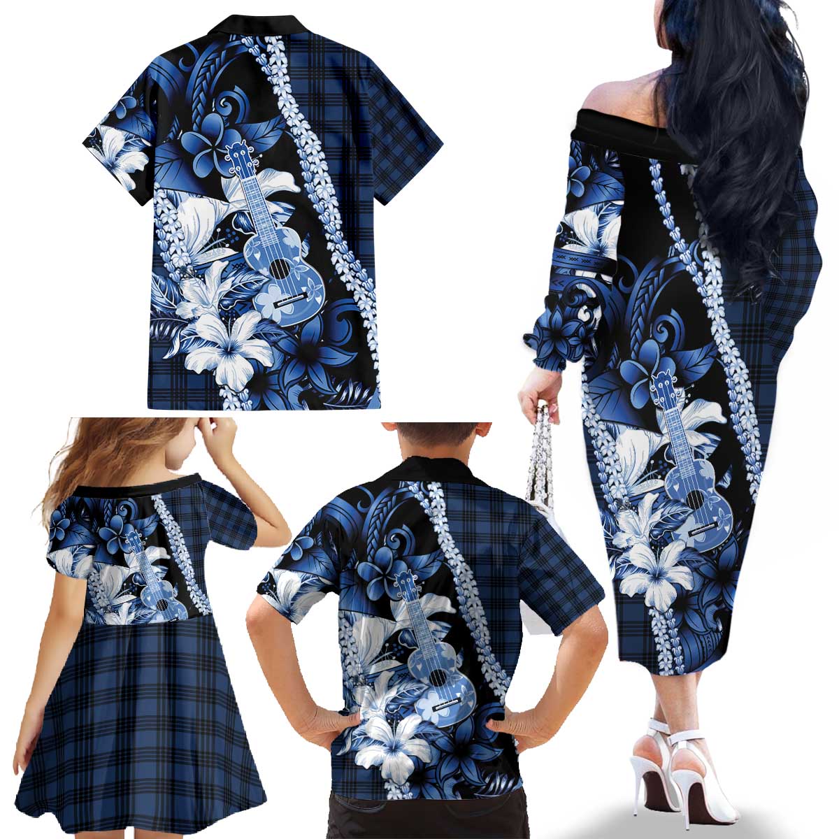 Hawaii Ukulele Family Matching Off The Shoulder Long Sleeve Dress and Hawaiian Shirt Tropical Flowers With Palaka Effect Blue Version - Polynesian Pride
