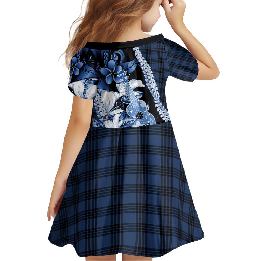 Hawaii Ukulele Family Matching Off Shoulder Maxi Dress and Hawaiian Shirt Tropical Flowers With Palaka Effect Blue Version - Polynesian Pride