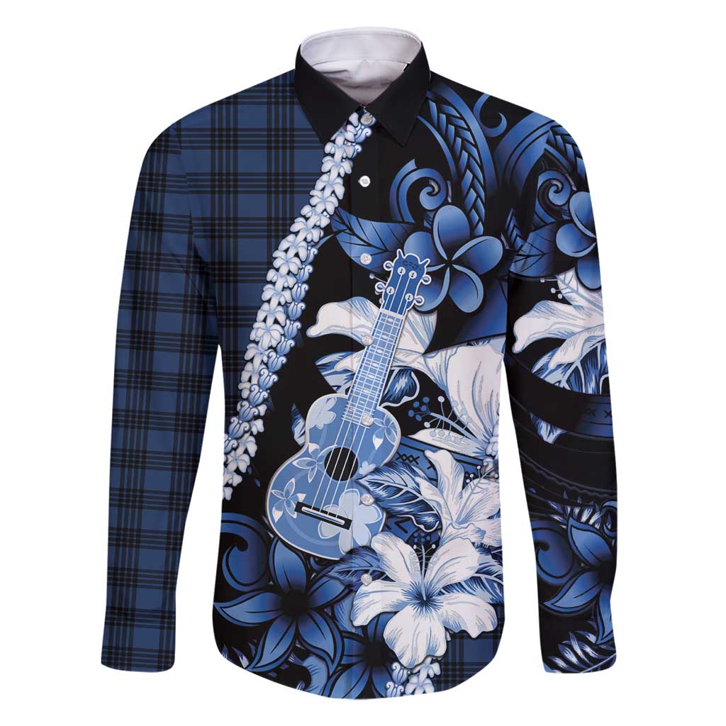 Hawaii Ukulele Family Matching Off Shoulder Maxi Dress and Hawaiian Shirt Tropical Flowers With Palaka Effect Blue Version - Polynesian Pride