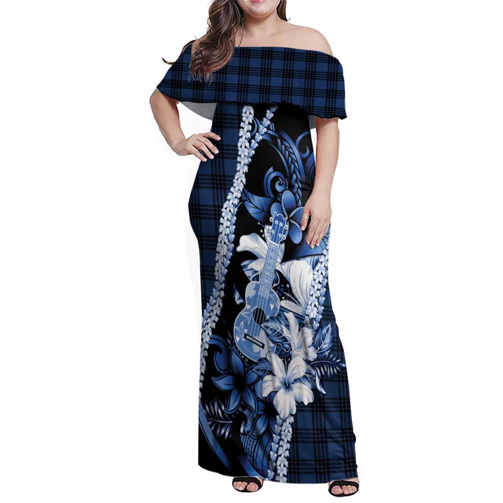 Hawaii Ukulele Family Matching Off Shoulder Maxi Dress and Hawaiian Shirt Tropical Flowers With Palaka Effect Blue Version - Polynesian Pride