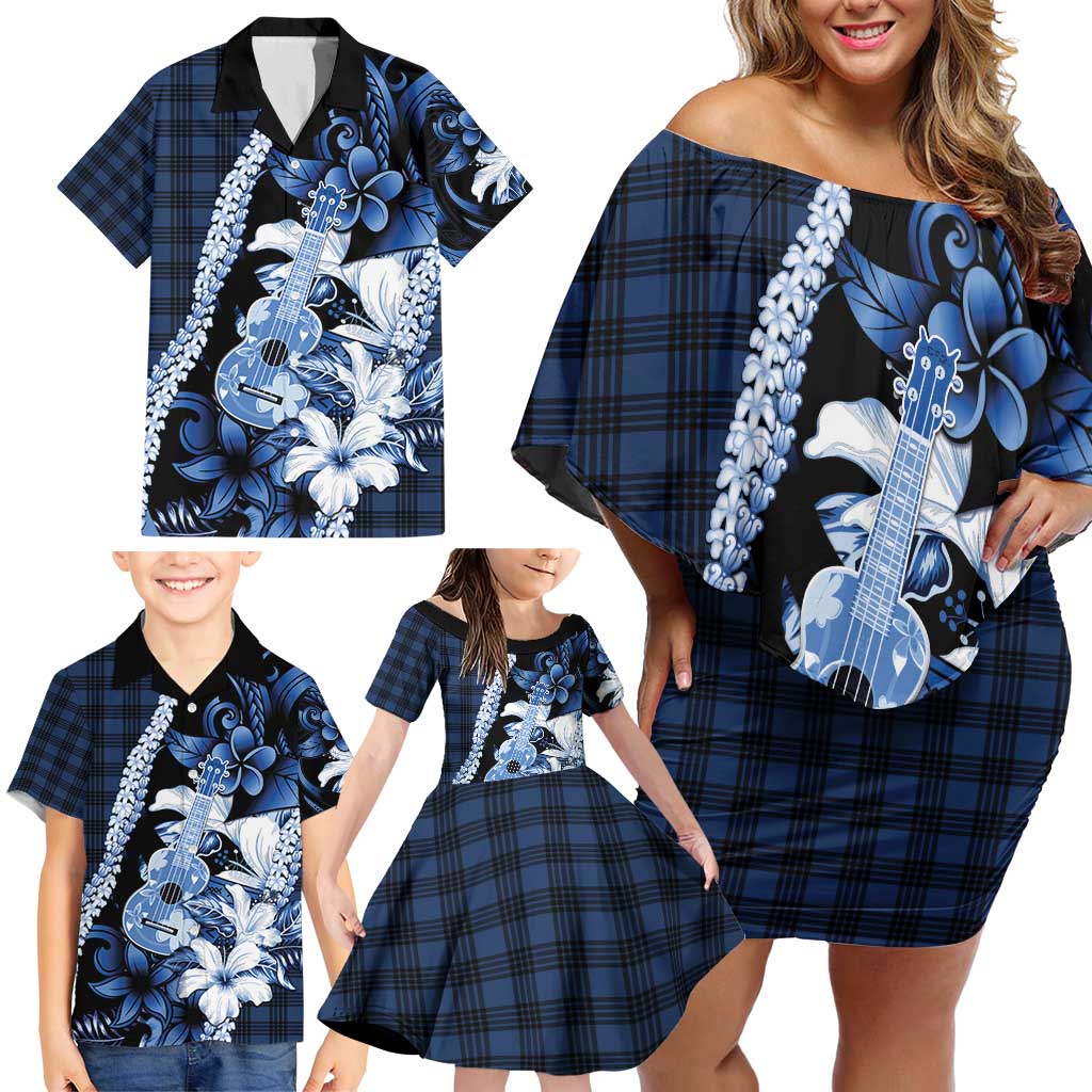 Hawaii Ukulele Family Matching Off Shoulder Short Dress and Hawaiian Shirt Tropical Flowers With Palaka Effect Blue Version - Polynesian Pride