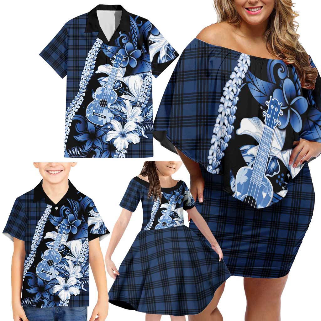 Hawaii Ukulele Family Matching Off Shoulder Short Dress and Hawaiian Shirt Tropical Flowers With Palaka Effect Blue Version LT05 - Polynesian Pride