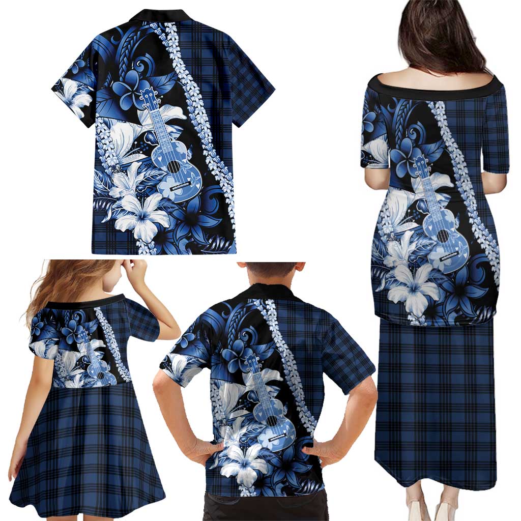 Hawaii Ukulele Family Matching Puletasi and Hawaiian Shirt Tropical Flowers With Palaka Effect Blue Version - Polynesian Pride