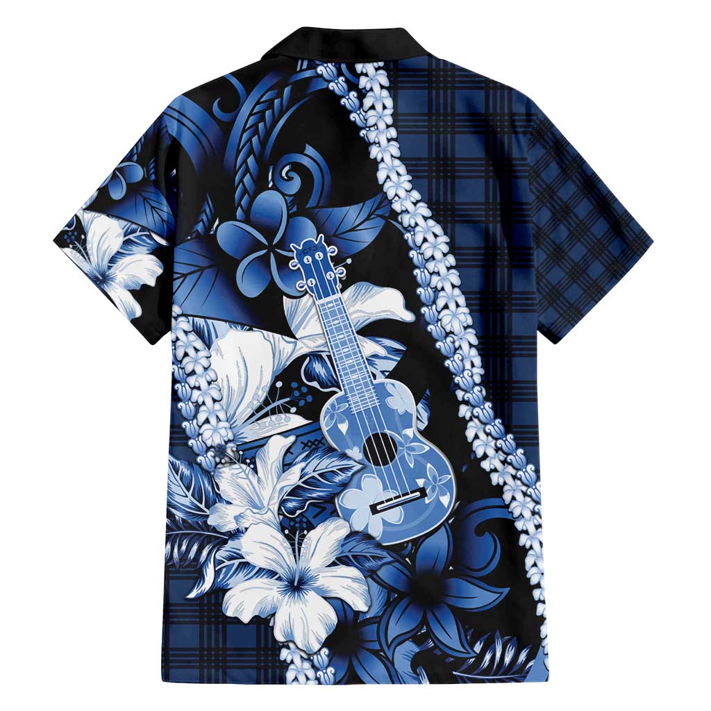Hawaii Ukulele Family Matching Puletasi and Hawaiian Shirt Tropical Flowers With Palaka Effect Blue Version - Polynesian Pride