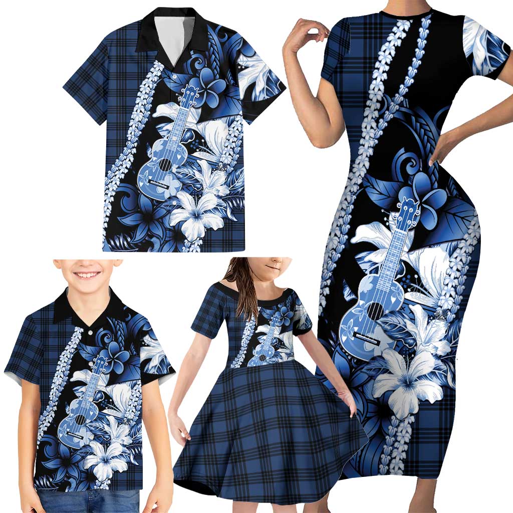 Hawaii Ukulele Family Matching Short Sleeve Bodycon Dress and Hawaiian Shirt Tropical Flowers With Palaka Effect Blue Version LT05 - Polynesian Pride