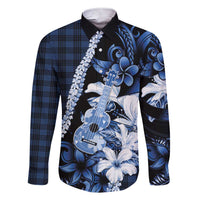 Hawaii Ukulele Family Matching Short Sleeve Bodycon Dress and Hawaiian Shirt Tropical Flowers With Palaka Effect Blue Version - Polynesian Pride