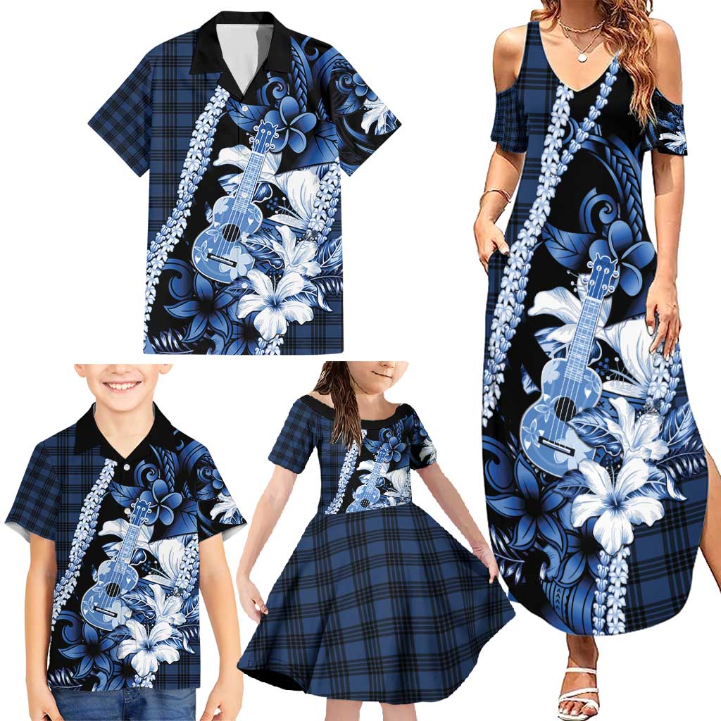 Hawaii Ukulele Family Matching Summer Maxi Dress and Hawaiian Shirt Tropical Flowers With Palaka Effect Blue Version - Polynesian Pride