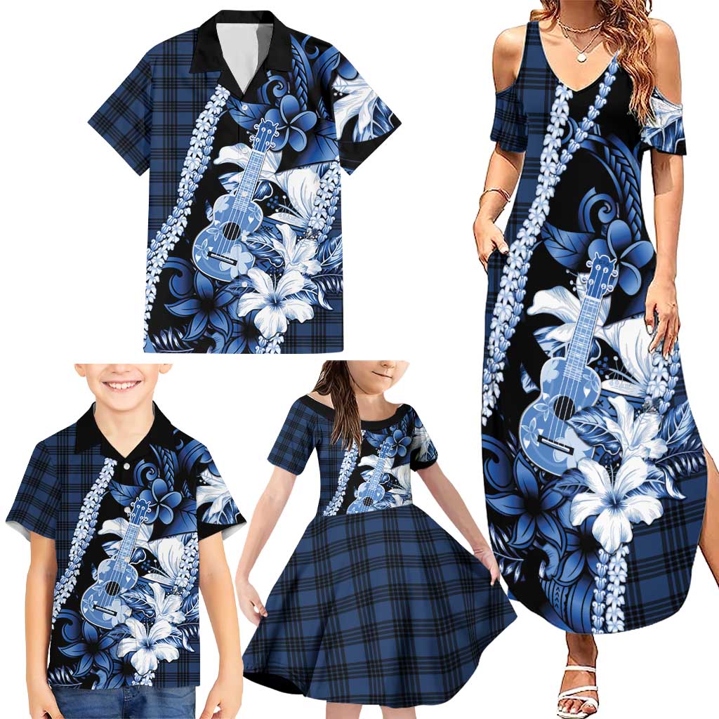 Hawaii Ukulele Family Matching Summer Maxi Dress and Hawaiian Shirt Tropical Flowers With Palaka Effect Blue Version LT05 - Polynesian Pride