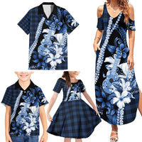 Hawaii Ukulele Family Matching Summer Maxi Dress and Hawaiian Shirt Tropical Flowers With Palaka Effect Blue Version - Polynesian Pride