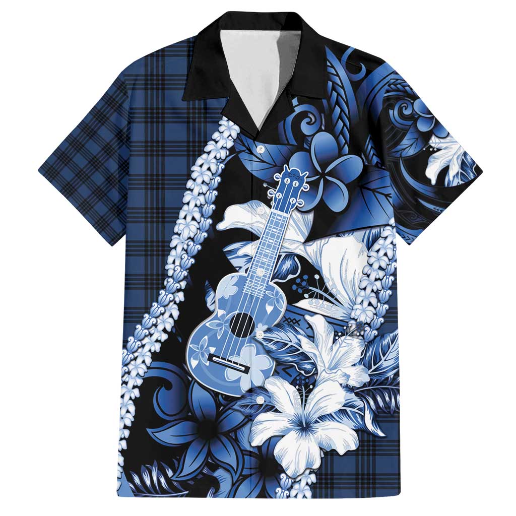 Hawaii Ukulele Family Matching Summer Maxi Dress and Hawaiian Shirt Tropical Flowers With Palaka Effect Blue Version - Polynesian Pride