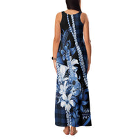 Hawaii Ukulele Family Matching Tank Maxi Dress and Hawaiian Shirt Tropical Flowers With Palaka Effect Blue Version - Polynesian Pride