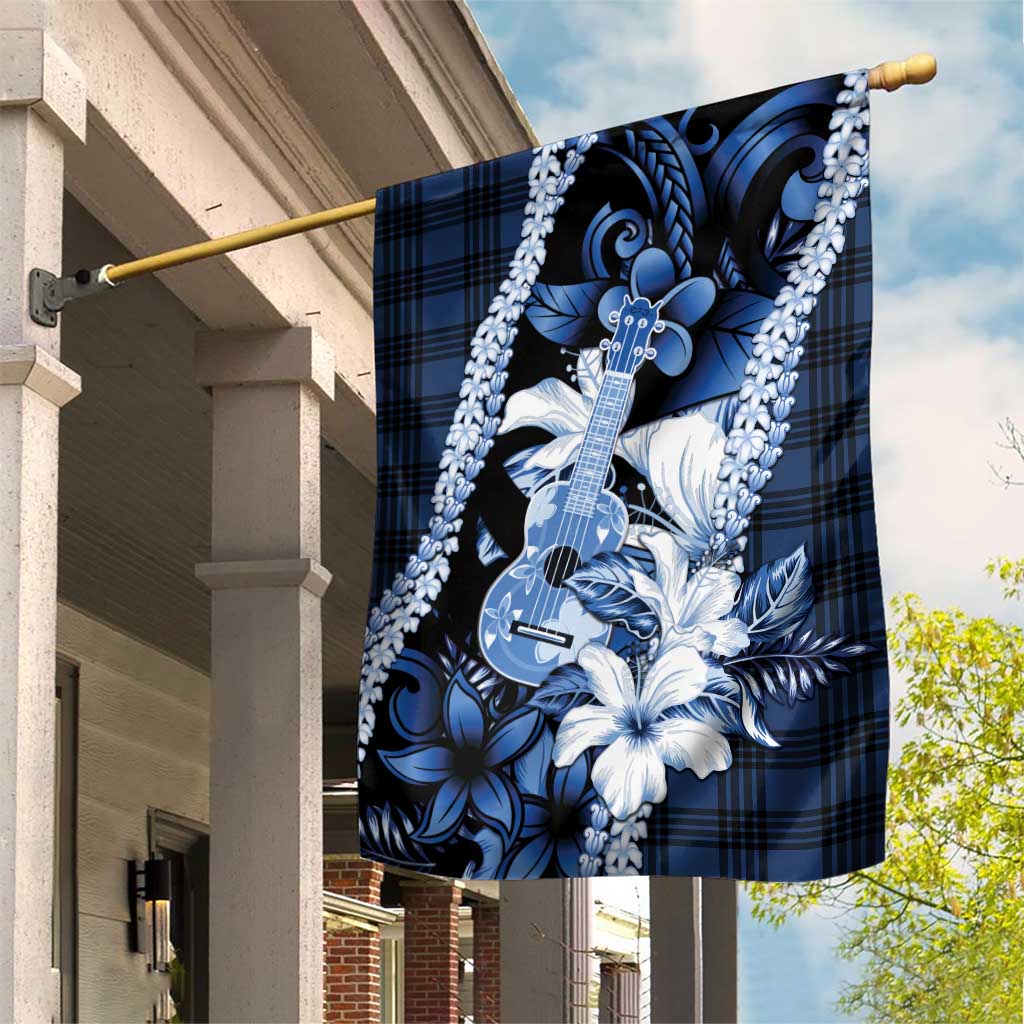 Hawaii Ukulele Garden Flag Tropical Flowers With Palaka Effect Blue Version LT05 House Flag Blue - Polynesian Pride