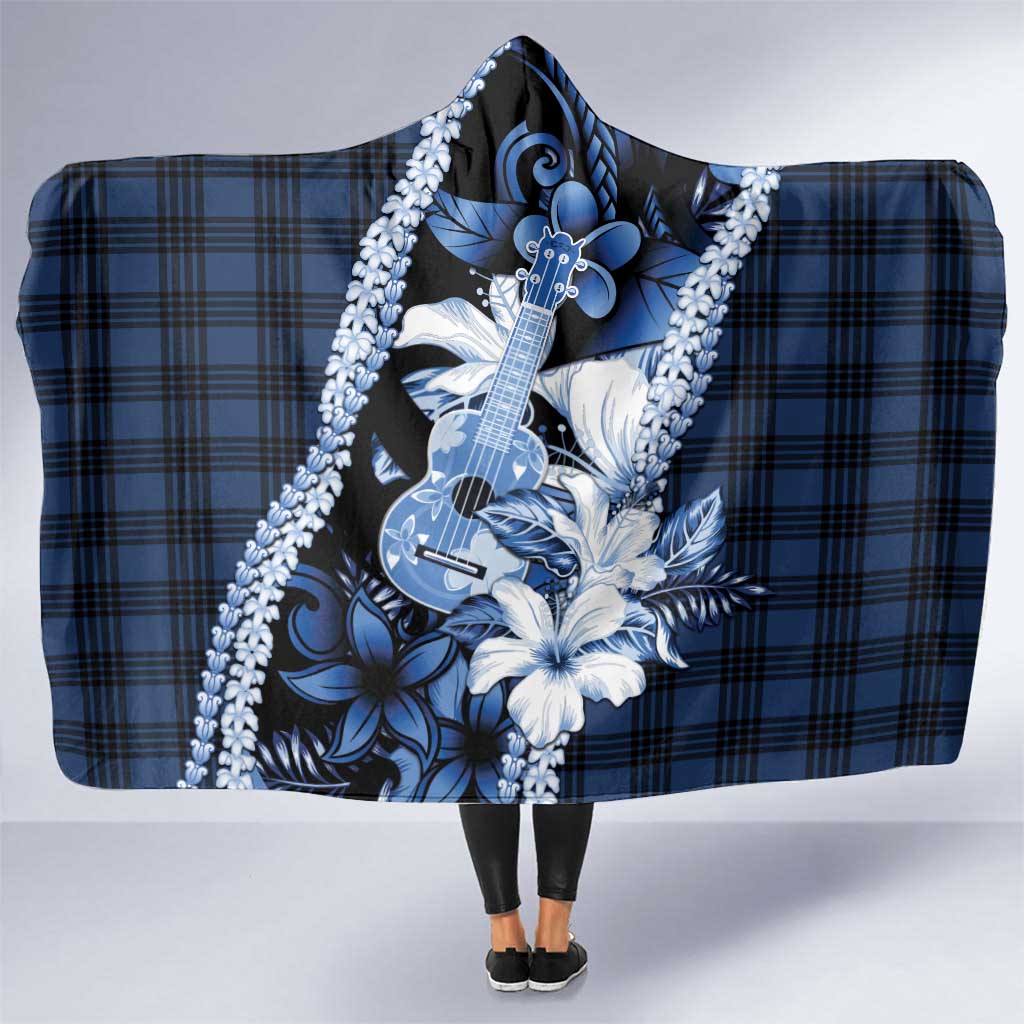 Hawaii Ukulele Hooded Blanket Tropical Flowers With Palaka Effect Blue Version LT05 One Size Blue - Polynesian Pride