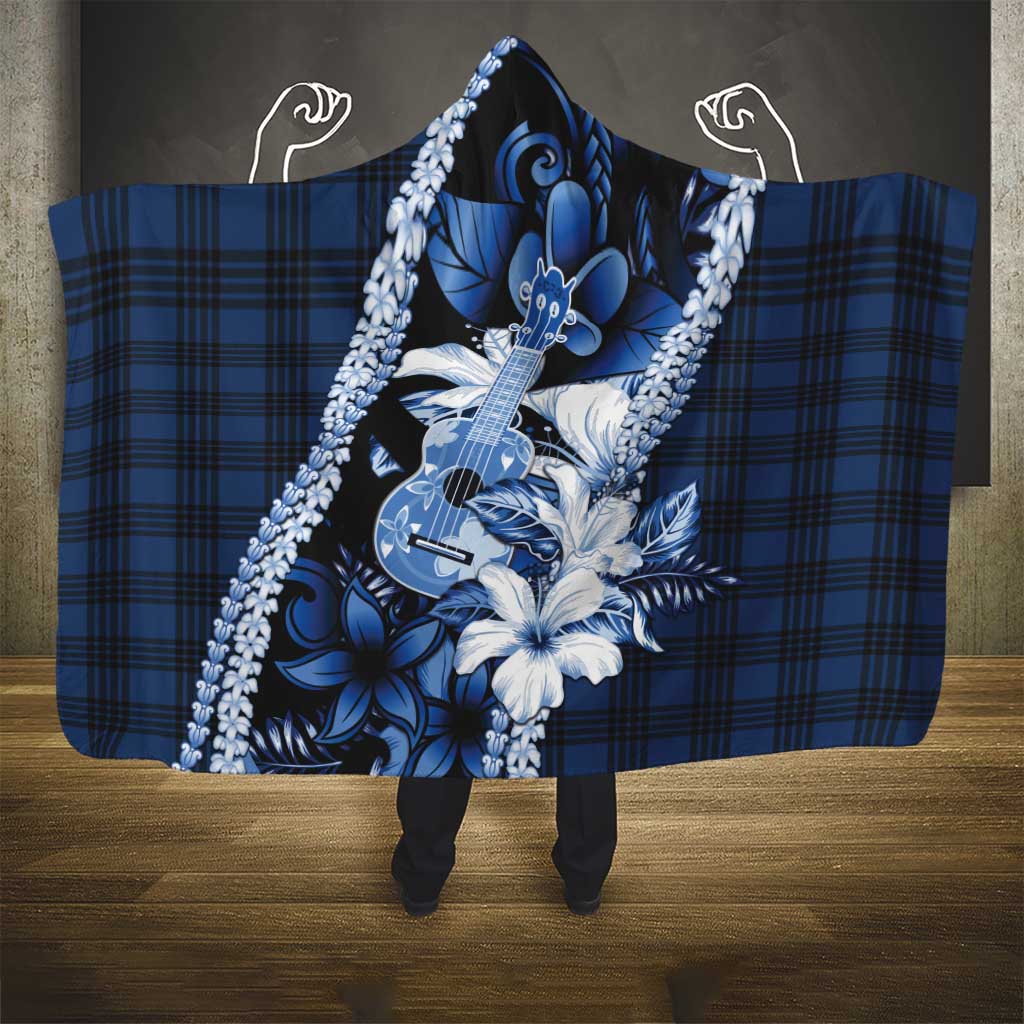 Hawaii Ukulele Hooded Blanket Tropical Flowers With Palaka Effect Blue Version - Polynesian Pride
