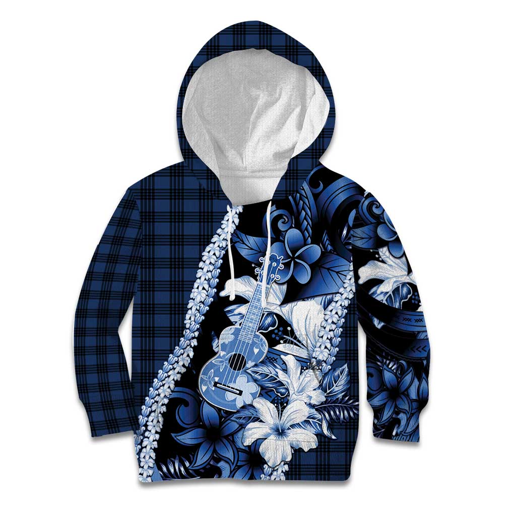 Hawaii Ukulele Kid Hoodie Tropical Flowers With Palaka Effect Blue Version - Polynesian Pride
