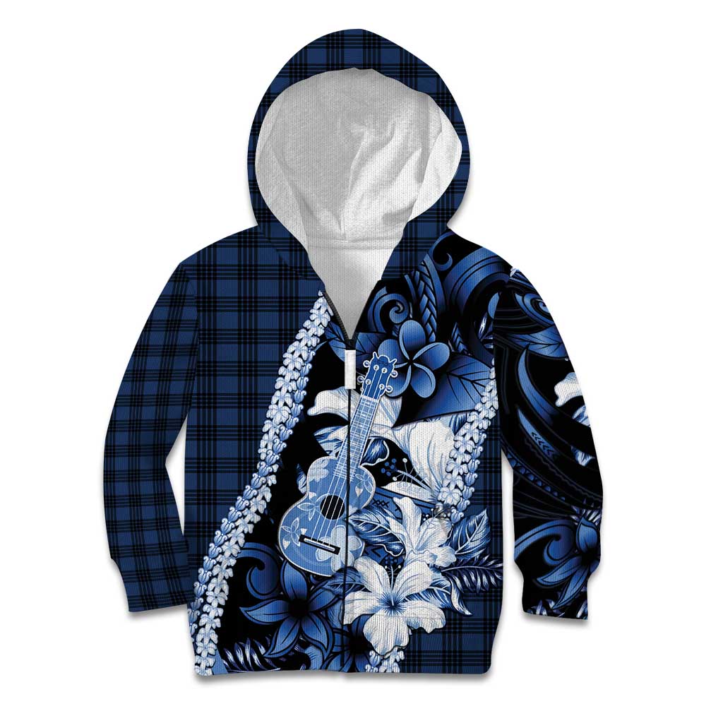 Hawaii Ukulele Kid Hoodie Tropical Flowers With Palaka Effect Blue Version - Polynesian Pride