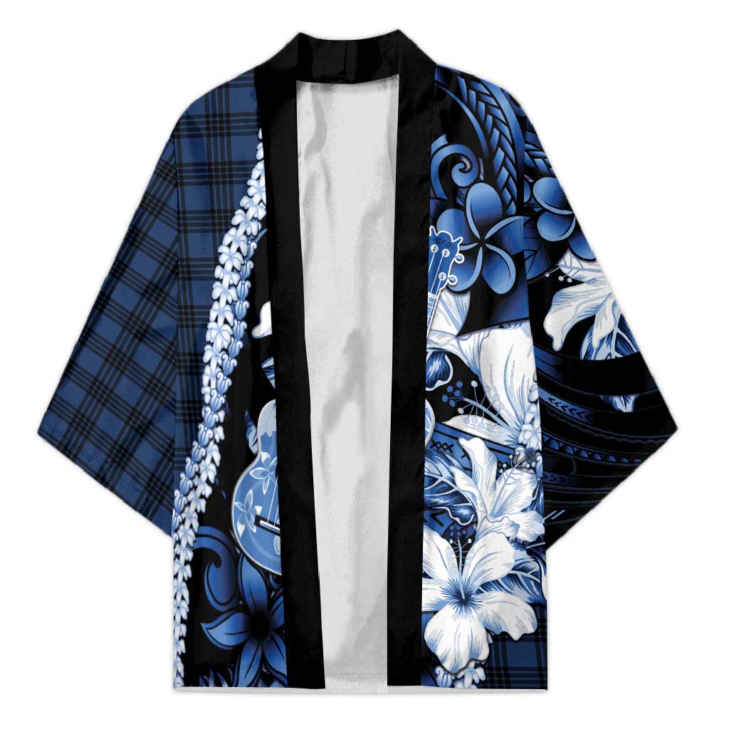 Hawaii Ukulele Kimono Tropical Flowers With Palaka Effect Blue Version - Polynesian Pride
