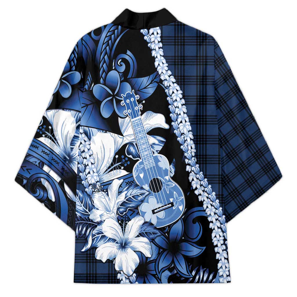 Hawaii Ukulele Kimono Tropical Flowers With Palaka Effect Blue Version - Polynesian Pride
