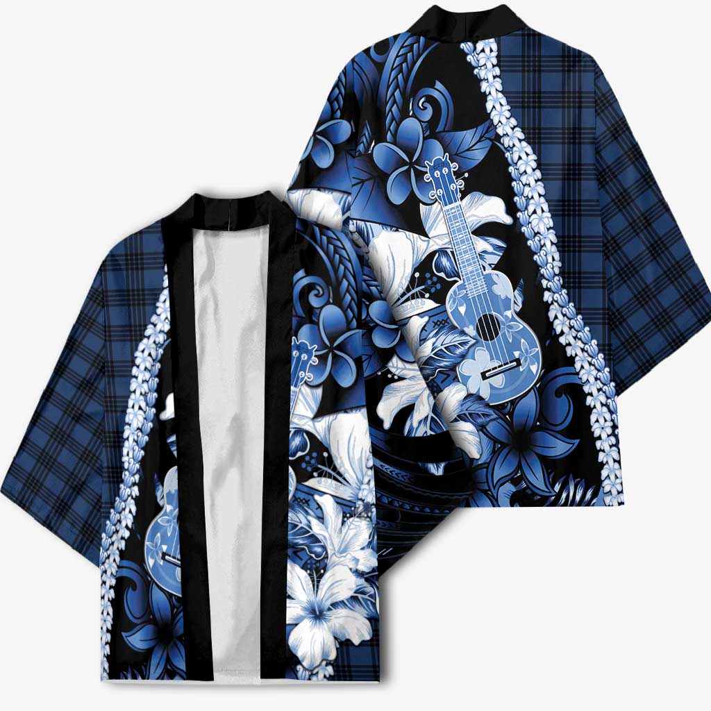 Hawaii Ukulele Kimono Tropical Flowers With Palaka Effect Blue Version - Polynesian Pride