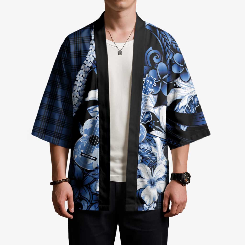 Hawaii Ukulele Kimono Tropical Flowers With Palaka Effect Blue Version - Polynesian Pride