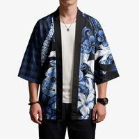 Hawaii Ukulele Kimono Tropical Flowers With Palaka Effect Blue Version - Polynesian Pride