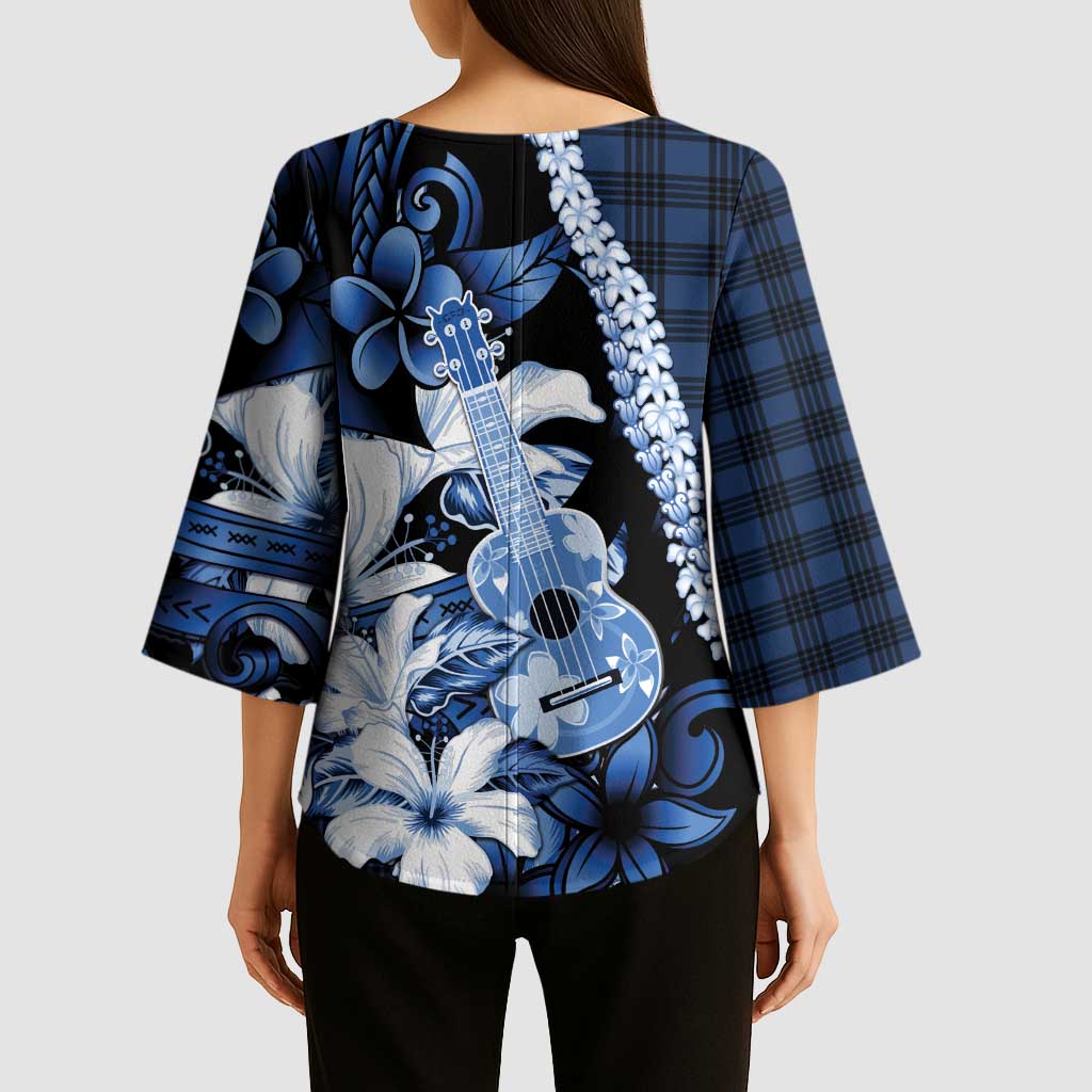 Hawaii Ukulele Kimono Sleeve Blouse Tropical Flowers With Palaka Effect Blue Version - Polynesian Pride