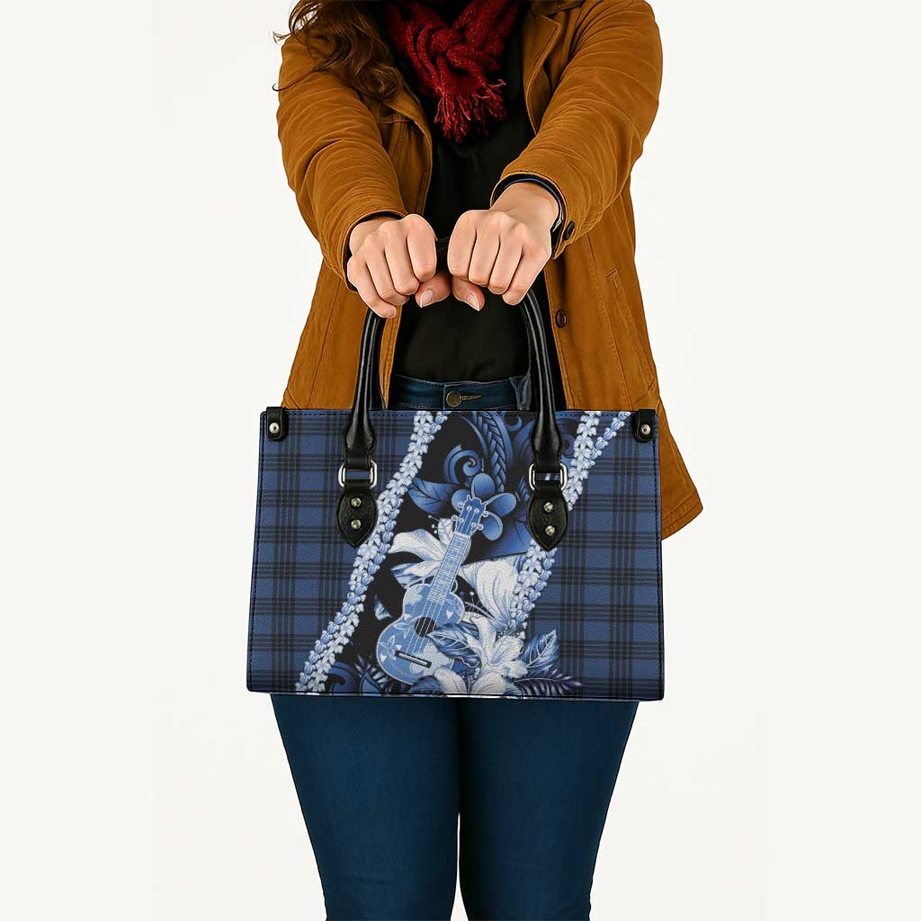 Hawaii Ukulele Leather Bag Tropical Flowers With Palaka Effect Blue Version - Polynesian Pride