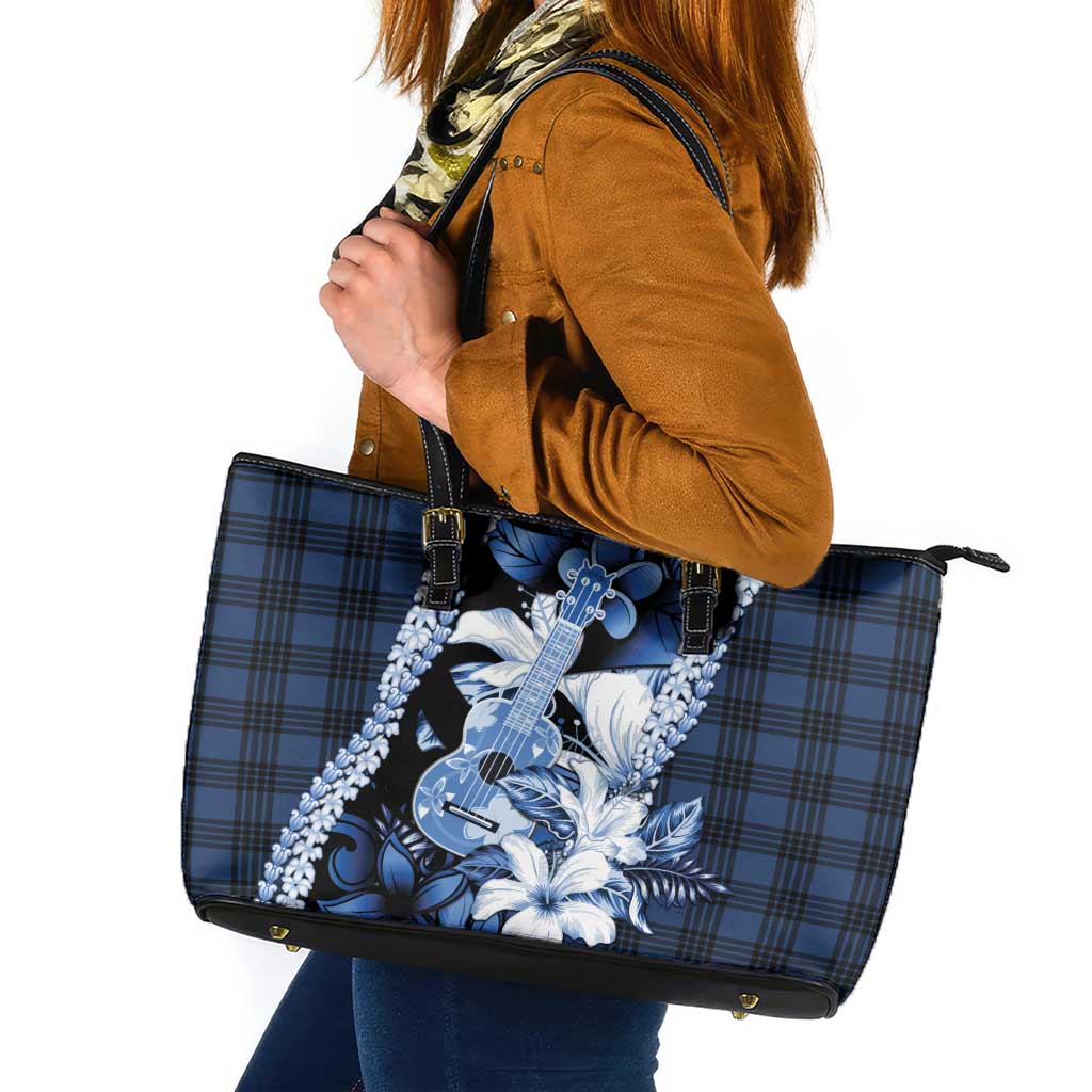 Hawaii Ukulele Leather Tote Bag Tropical Flowers With Palaka Effect Blue Version LT05 Blue - Polynesian Pride