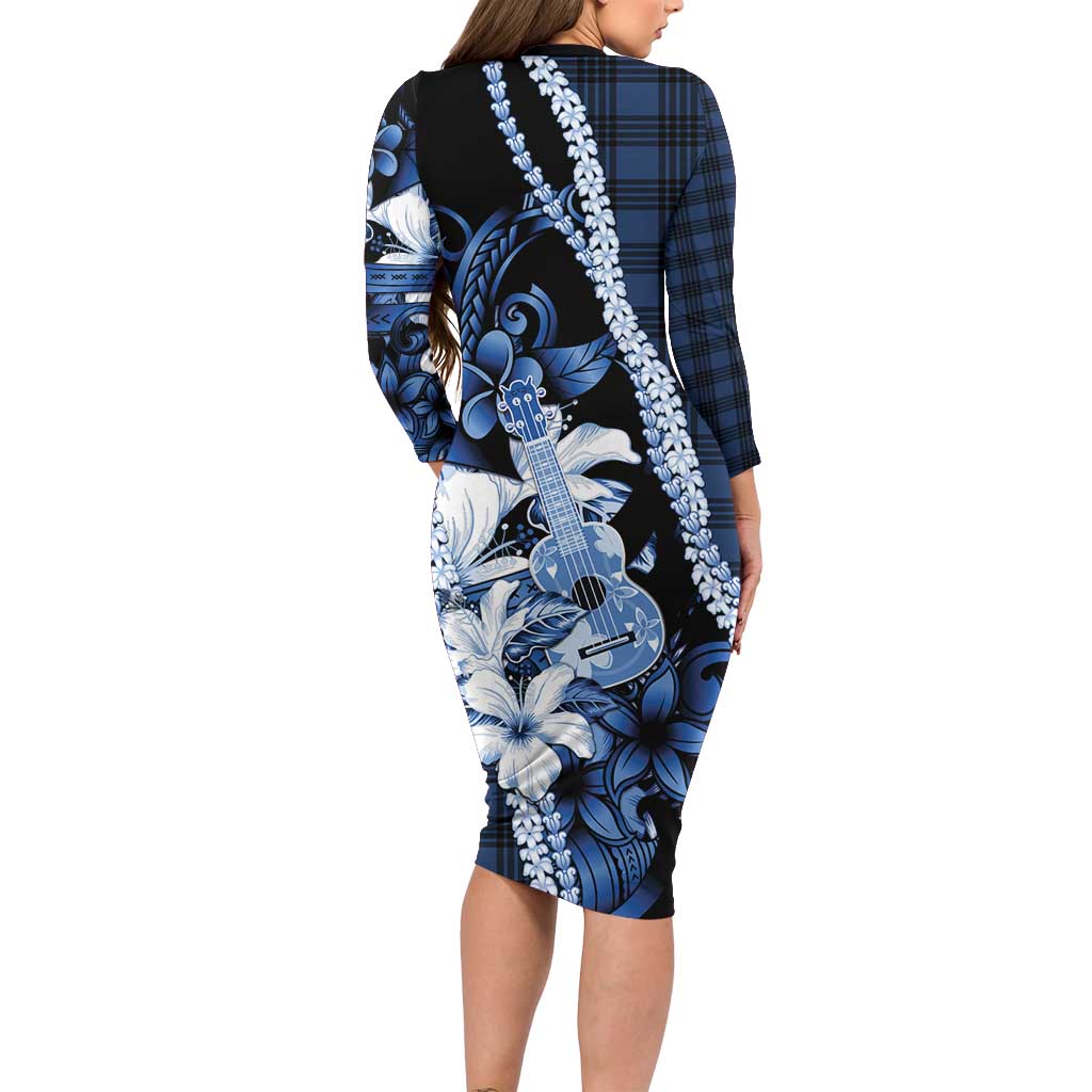 Hawaii Ukulele Long Sleeve Bodycon Dress Tropical Flowers With Palaka Effect Blue Version