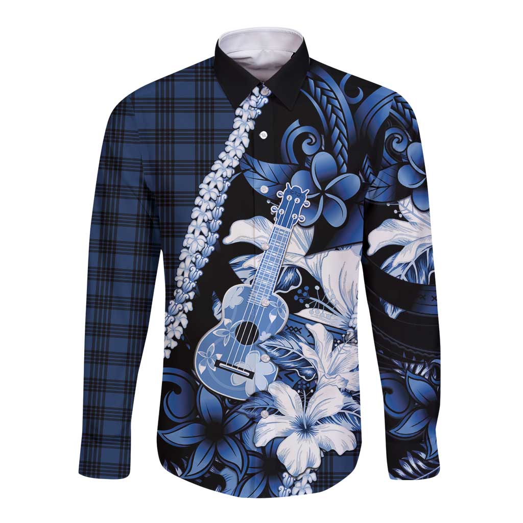 Hawaii Ukulele Long Sleeve Button Shirt Tropical Flowers With Palaka Effect Blue Version - Polynesian Pride