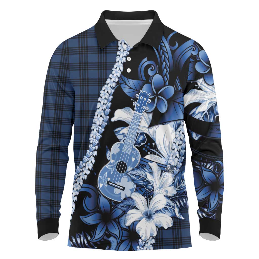 Hawaii Ukulele Long Sleeve Polo Shirt Tropical Flowers With Palaka Effect Blue Version LT05 Blue - Polynesian Pride