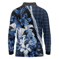 Hawaii Ukulele Long Sleeve Polo Shirt Tropical Flowers With Palaka Effect Blue Version - Polynesian Pride